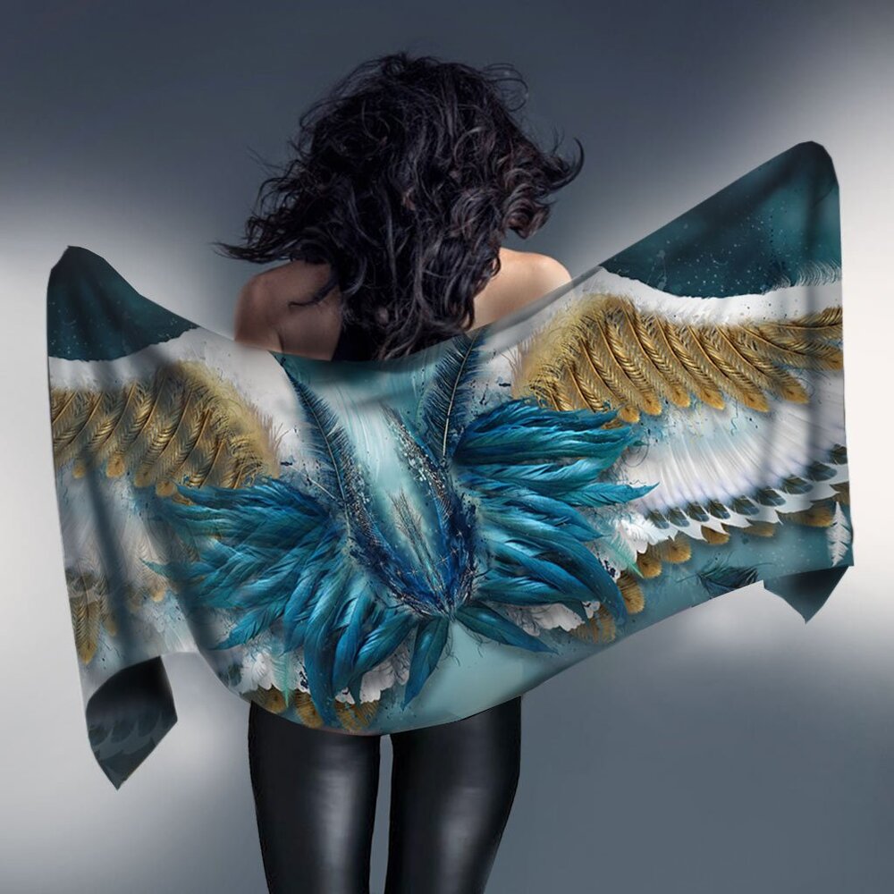 Blue & Gold Angel Feather Wings X-Long Crepe Scarf Wrap